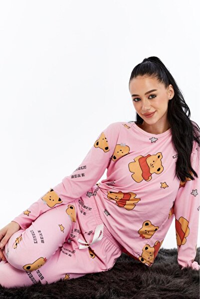 TRENDLİA Sıfır Yaka Uzun Kol Ayıcık Figürlü Beli Lastikli Pamuklu Penye Pijama Takım