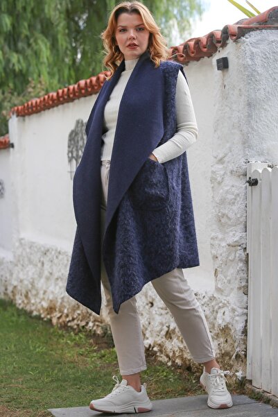 Chiccy Італійський синій шарф з коміром без рукавів, кишенями, повсякденний буклет, тканий жилет 90 65