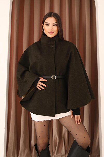 Hazel Kadın Haki Kemer Detaylı Pelerin Panço Kaban