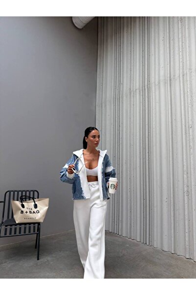 bonibon butikk Women's Quality Luxury Embroidered 3 Thread Denim Detailed Top and Bottom Set