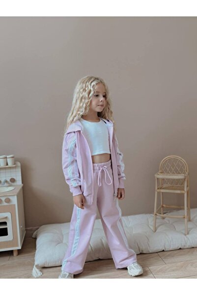 MeaShop Girl's Stripe Detailed Hooded Cardigan Tracksuit Set