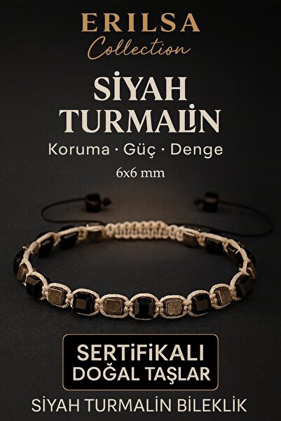Erilsa Sertifikalı Doğal Terahertz - Siyah Turmalin Taşı Bileklik 6x6 mm - Koruma ve Denge Taşı