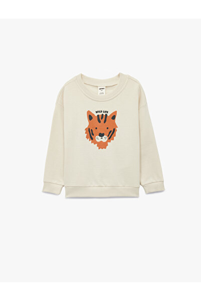 Koton Βαμβακερό μακρυμάνικο φούτερ με λαιμόκοψη Tiger με τύπωμα επένδυση fleece