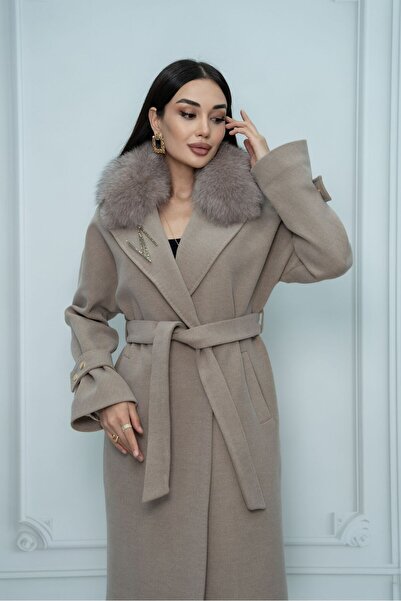 Eccim Fashion Kruvaze Kürk Yaka Sade Broşlu Kemerli Uzun Kaşmir Kadın Palto Kaban Ceket