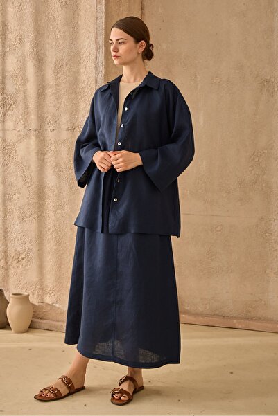 QANU Nola Linen Set Navy Blue