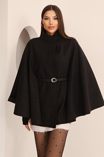 Hazel معطف بانشو نسائي بتفاصيل حزام أسود