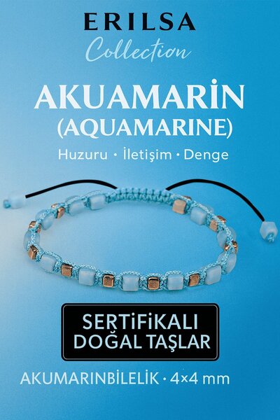 Erilsa سوار من حجر التيراهيرتز الطبيعي المعتمد - حجر الأكوامارين 4×4 مم - حجر السلام والهدوء