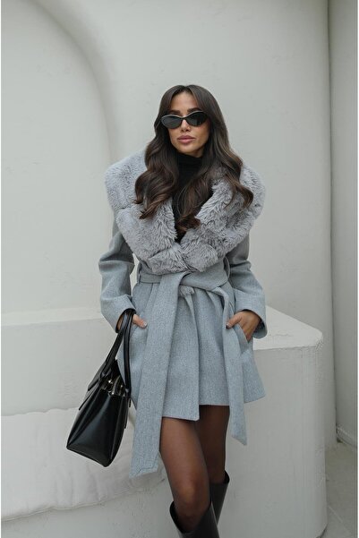 Havoş Gray Opulent Fur Collar Belted Coat