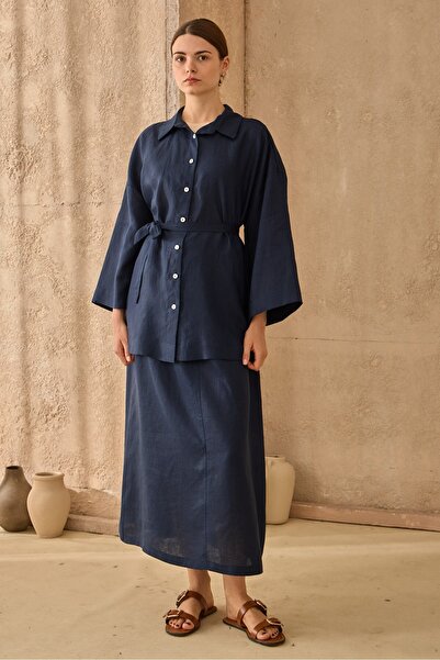 QANU Nola Linen Set Navy Blue