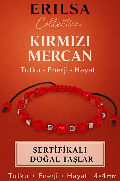 Erilsa Sertifikalı Doğal Terahertz - Kırmızı Mercan Taşı Bileklik 4x4 mm - En...