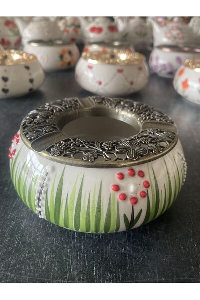 RGS HOMELİFE Handmade Ashtray with Flower and Fruit Patterns with Lid, Decorative Gift Presentation Tray