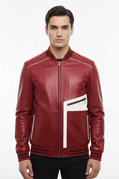 ECOTİQUE Men's Slim Fit Red Genuine Leather Jacket Coat Prime Leather