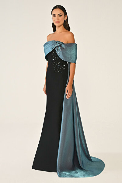 ALFABETA Alpha Beta Off-the-Shoulder Crepe Evening Dress with Train and Top Accessory