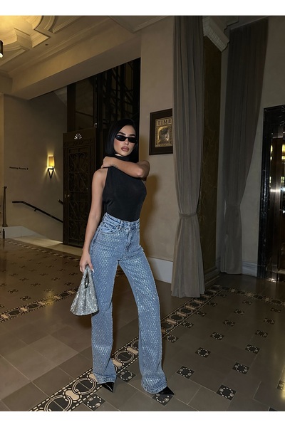 Diviny Kadın Yüksek Bel Küçük Baklava Taşlı Mavi Palazzo Tasarım Jean Pantolon
