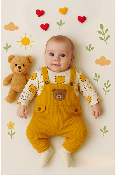 Maxi İdol Teddy Bear Patterned Baby Boy 3-Piece Set – 100% Organic Cotton Bodysuit, Salopet and Socks Set