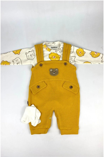 Maxi İdol Teddy Bear Patterned Baby Boy 3-Piece Set – 100% Organic Cotton Bodysuit, Salopet and Socks Set