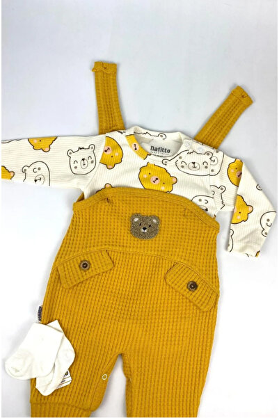 Maxi İdol Teddy Bear Patterned Baby Boy 3-Piece Set – 100% Organic Cotton Bodysuit, Salopet and Socks Set