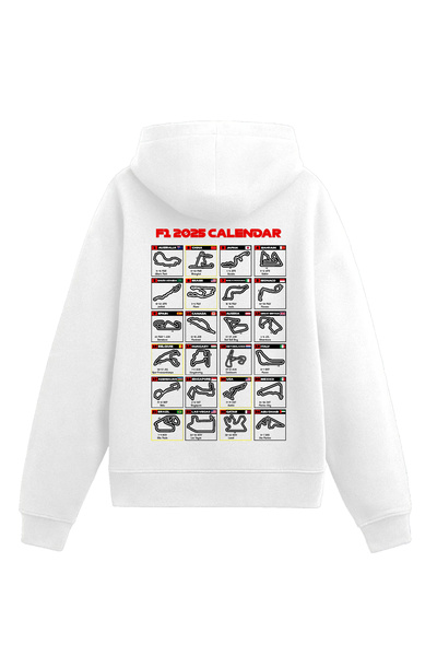 Edizen هوديي فورمولا 1 2025 Racing Calendar للجنسين مقاس كبير باللون الأبيض