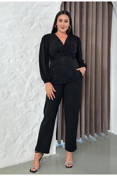 FOR ESRA BIG TREND Γυναικείο Σετ βραδινό φόρεμα με ελαστικό γιακά με πέτρα, μανίκια με κέντημα, ελαστική μέση, ελαστικές τσέπες