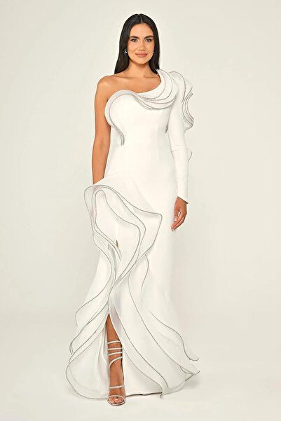 ALFABETA Long crepe evening dress with one sleeve