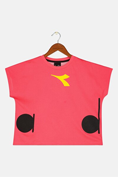 Diadora Kids Girl Crew Neck Cap Sleeve Brand Logo Top, Neon Pink/Black