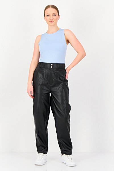 Reiko Women Baggy Fit Solid Faux Leather Straight Leg Pants, Black