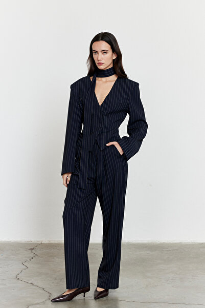 FACETTE Striped High Waist Palazzo Pants Navy Blue