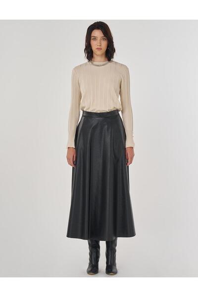 Kayra Yüksek Bel Suni Deri Etek Siyah