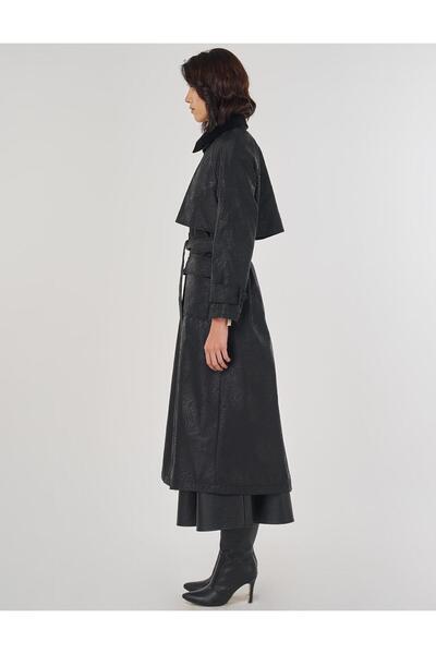 Kayra Kadife Yakalı Uzun Trençkot Siyah