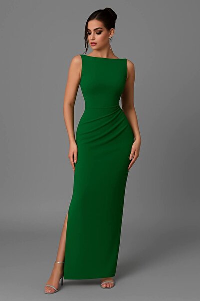 By BAYANA Yandan Yırtmaçlı Kayık Yaka Pileli Zara Krep Kumaş Maxi Boy Abiye E...