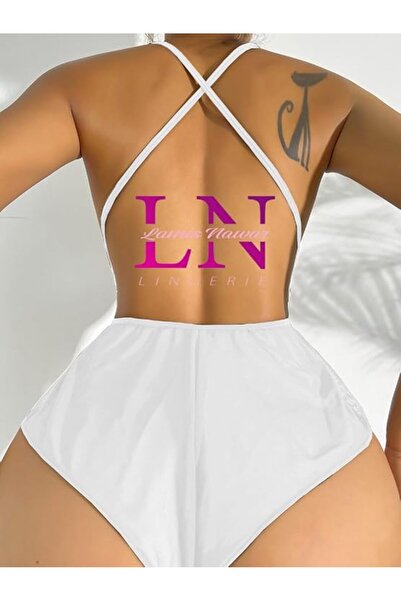 Lamis Nawar Lace Teddy Bodysuit - Black/White/Royal Blue, Plus Size, Deep V-Neck (Model 488)