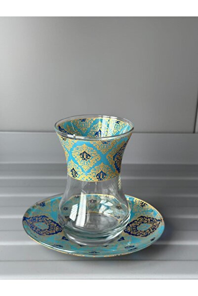 Ecvatorline Store Desenli Cam Çay Bardağı Seti – 6’lı İnce Belli Tabaklı Çay Takımı