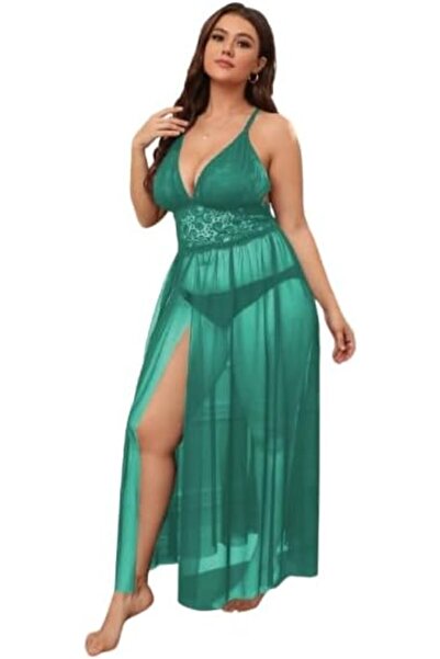 Lamis Nawar Lingerie Lamis Noir: Sheer Turquoise Lace Nightgown - One Size (Model 2266)