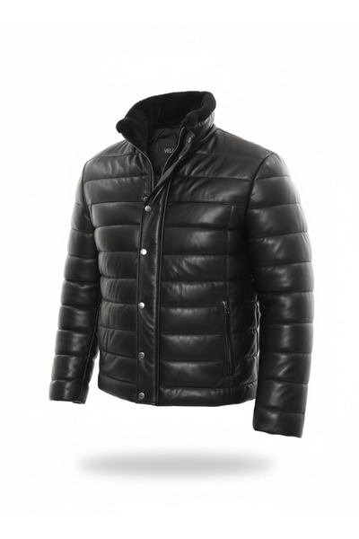 VELZANA Erkek Hakiki Kuzu Derisi Kapitone Kışlık Mont – Siyah