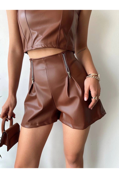 İntive Lingerie Double zippered leather shorts coffee h24394