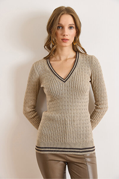 Olalook Women's Stone V-Neck Stripe Detailed Hair Knitwear Sweater Kzk-19001027