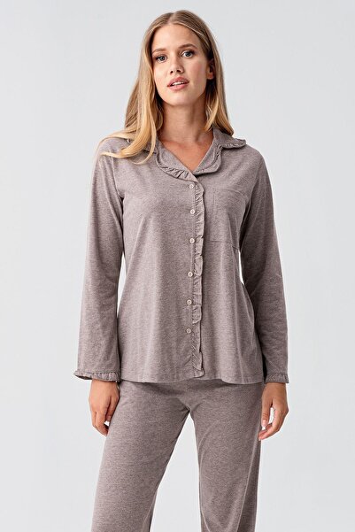 Artış Women's Long Sleeve Buttoned Stretchy Cotton Robe Pajama Set