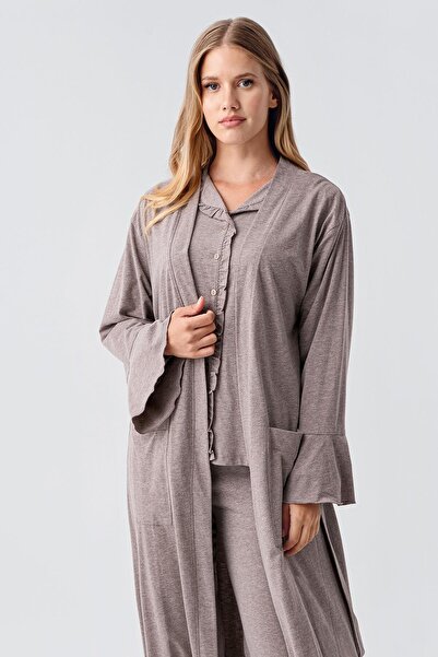 Artış Women's Long Sleeve Buttoned Stretchy Cotton Robe Pajama Set