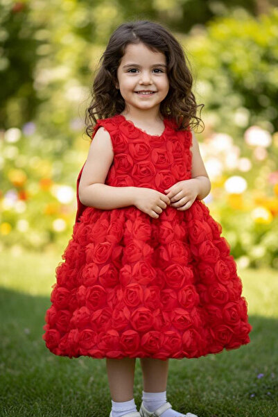 BİLGEN Style KIZ ÇOCUK ELBİSE GÜL DESENLİ KABARTMALI ÇİFT FİYONK LU ASTARLI ASKLI KOL PARTY BDÜGÜN ELBİSESİ