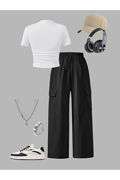 Take Two By Styli Girls Solid Ruching Detail T-Shirt and Cargo Pants Set