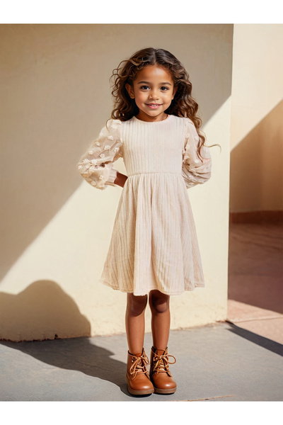 Take Two By Styli Girls Beige Textured Knit Dobby Dress