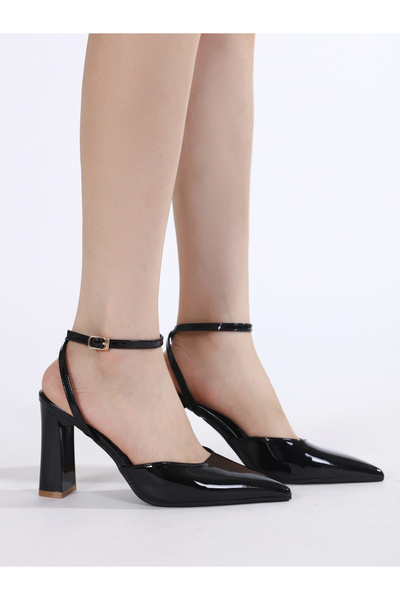 Sneak-a-Peek By Styli Plain Pointed Toe Ankle Strap Block Heel Pumps