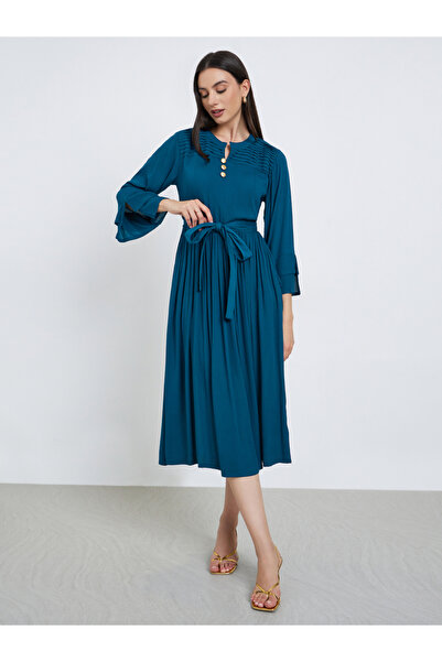 Maxim Creation By Styli Teal Pintuck Panel Midi Dress with Tie Belt