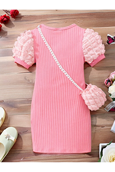 Take Two By Styli Girls Pink Knit Dress with Sling Bag