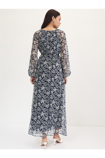 Styli Navy All Over Leaf Print Maxi Dress