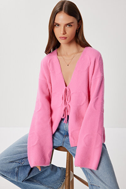 Lovelyİstanbul Very Soft Textured Knitted Cardigan with Tie Lci0043 Pink