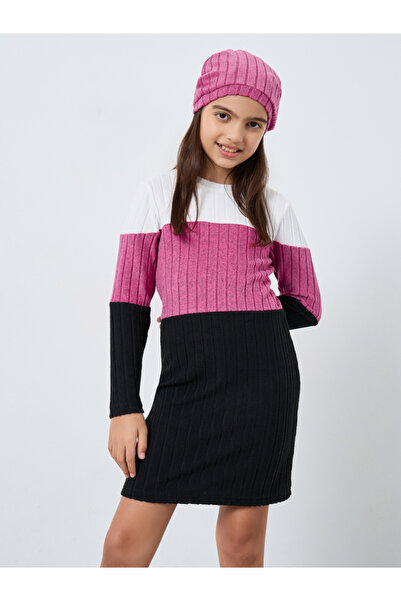 Styli Teens Color Block Flat Knit Dress with Beanie Set