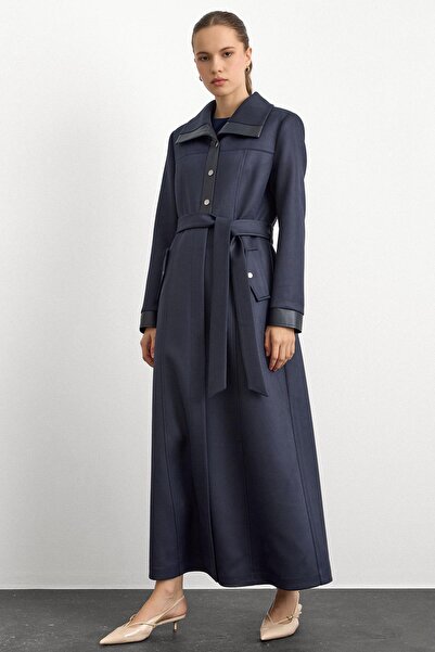 Olcay Δερμάτινο και αξεσουάρ με κουμπώματα Gabardine Suede παλτό ΣΚΟΥΡΟ ΜΠΛΕ ...