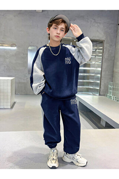 Take Two By Styli Teens Navy Color Block Sweatshirt and Joggers Set