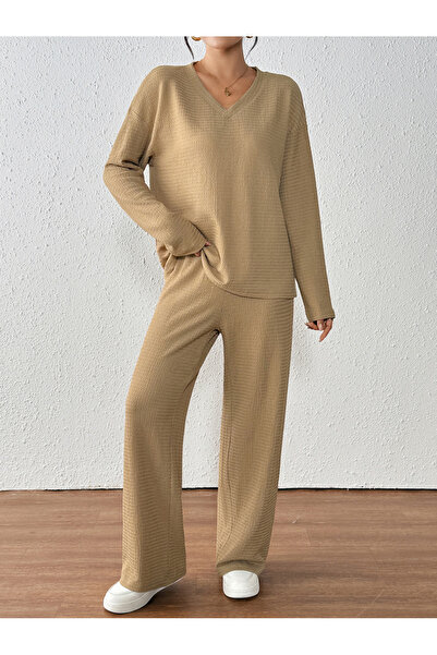 Take Two By Styli Textured V Neck Top and Straight Leg Pants Co-Ords